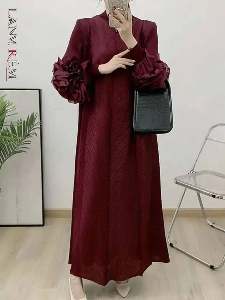 LANMREM Maxi Pleated Dress For Women Wine Red Long Ruffles Sleeves Solid Color Loose Elegant Clothing 2025 Spring New 2DB1827