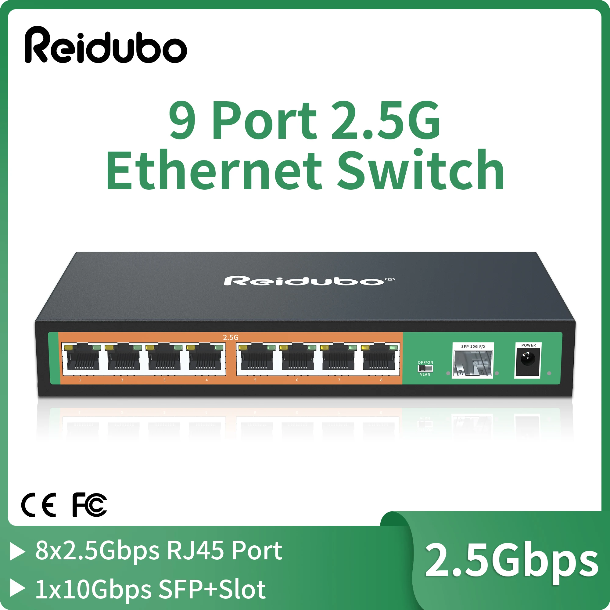 9 levý bok lodi 2.5gbps spínač, 8x2.5g porty s 10G SFP uplink, unmanaged 2.5gb ethernetový sit' spínač, kolíček & divadelní hra