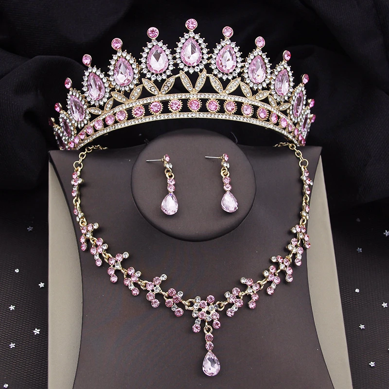 QualityGoldColorPinkBridalJewelrySetsforWeddingDressTiaras