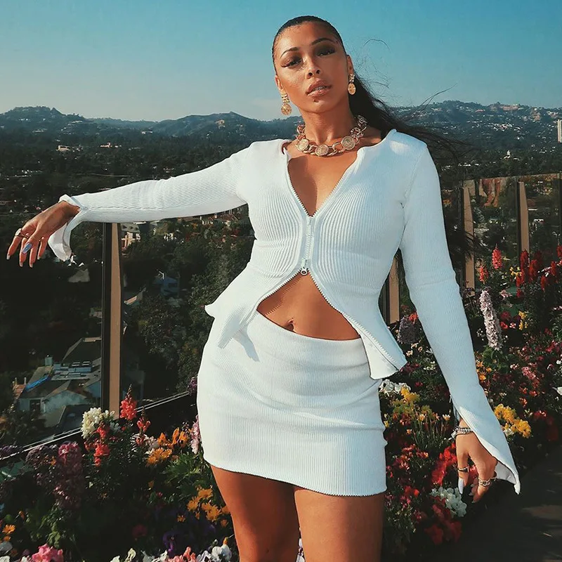 White Jersey Cropped And Skirt Set Crop Top Slit Long sleeved Wrap Around Sexy Short Dresses Daring New Knit Two Piece Set Women lethis daring discoverers