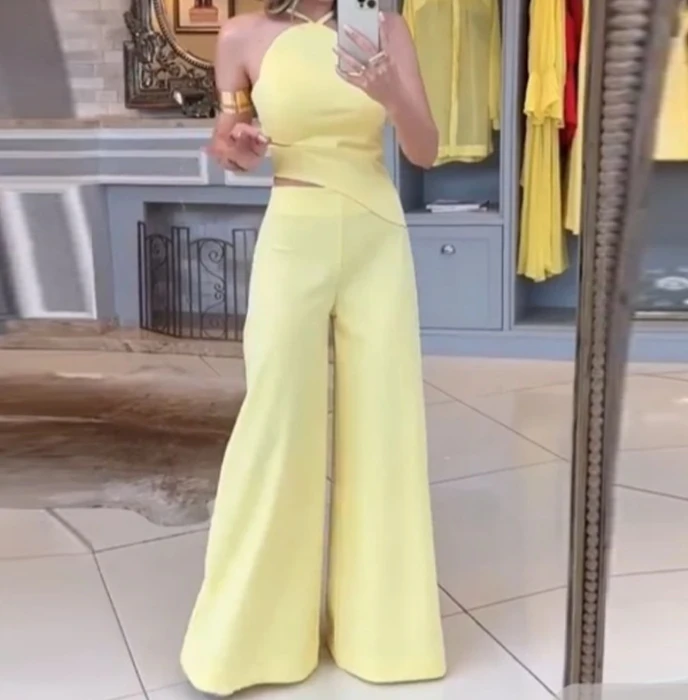 Jumpsuit Women 2024 Early Spring Latest Casual Fashion Sexy Hollow Open Back Sleepless Solid Color Simple Wide Leg Jumpsuit