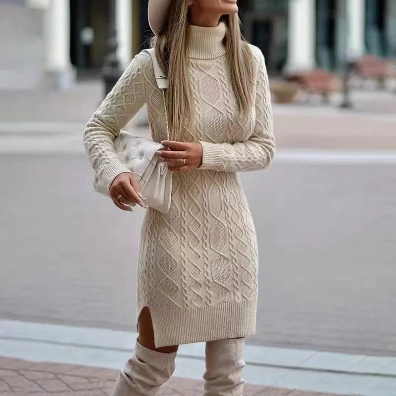 2024 Autumn Winter New Women's Knitted Wrap Hip Skirt High Neck Warm and Thickened Elegant Knitted Sweater Long Sleeve Dress 1