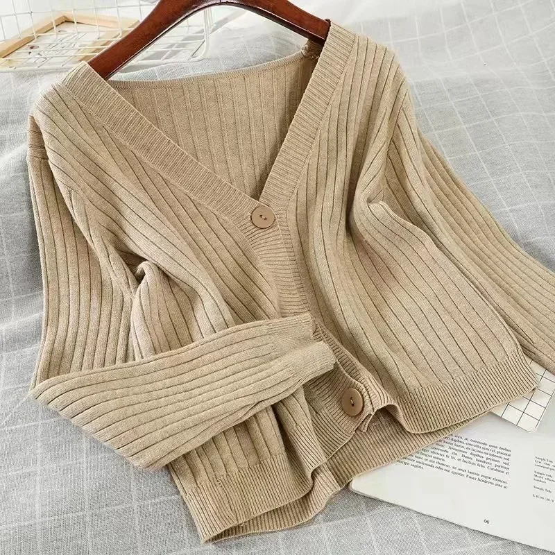 

Autumn Winter New Casual V-neck Knitted Tops Women Cardigans Sweater Fashion Long Sleeve Sweaters Coat Slim Fit Clothes 29761