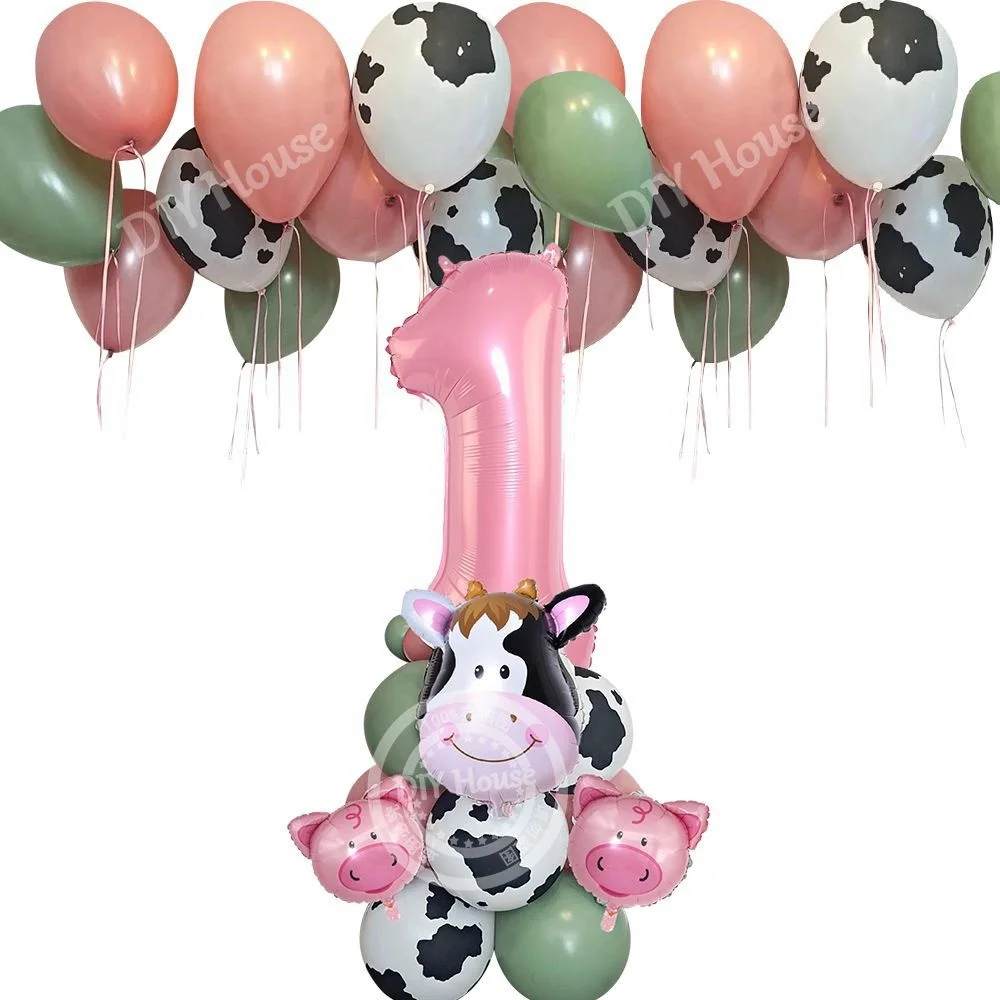 1 Satz Nutztier ballons Karton Kuh/Schwein Ballon mit rosa Nummer Ballon für Mädchen Nutztier Geburtstags feier Dekorationen – Detail 1