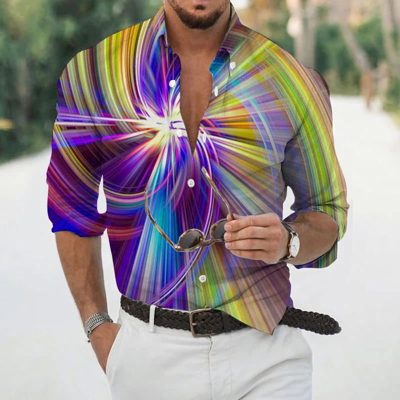 

Spring Autumn Men's Shirts Geometric Print Long Sleeve Men's Casual Shirts Single Breasted Lapel Cardigan