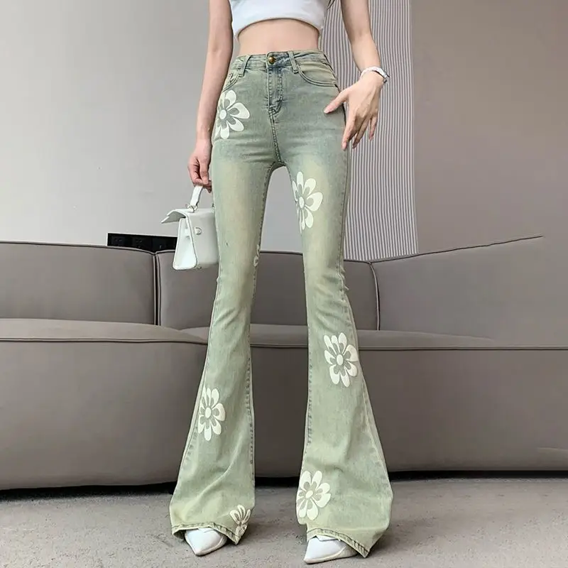 American Vintage High Waist Skinny Flare Jeans Spring Summer Women Fashion Casual Versatile Slim Floral Straight Denim Pants