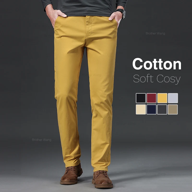 9 Color Men's Cotton Casual Pants Elastic Waist Slim Straight Solid Color Business Trousers Four Seasons Brand Male Clothes