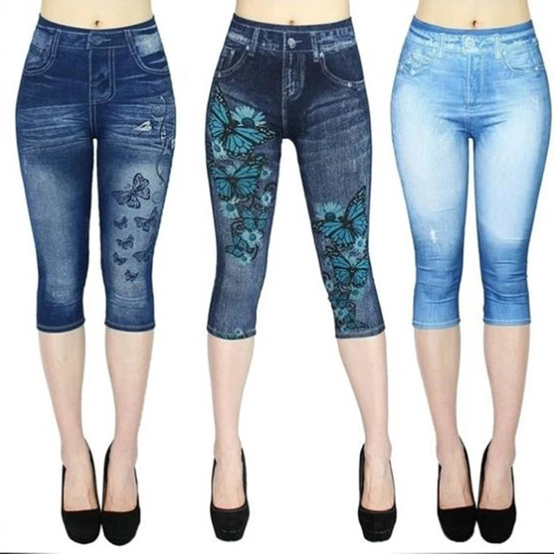 

High Waist Skinny New Summer Fashion Pencli Pants Butterfly Print Imitation Denim Slim Women Calf Length Pants