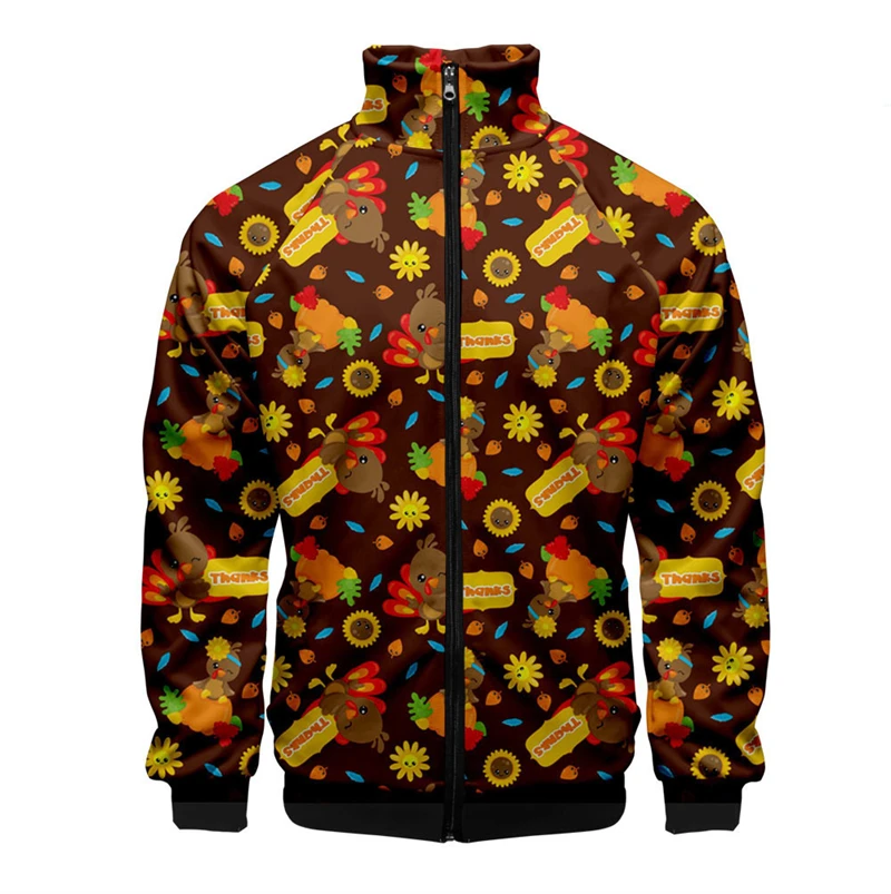 thumbnail image 1 of Chaqueta informal con cremallera y estampado 3D de Acción de Gracias de última oferta, diseño de pavo de animales de Acción de Gracias, para hombre, de manga corta, 1 of 4