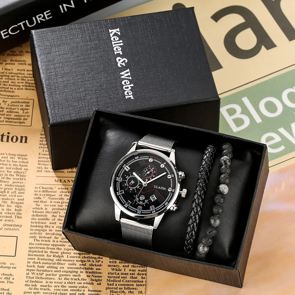 Silver Luxury Men's Watch Gift Stainless Steel Mesh Quartz Watch with Calendar for Men Bracelet Accessory Best Gift to Boyfriend