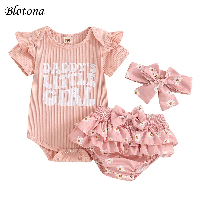 

Blotona Newborn Baby Girls Shorts Set, Short Sleeve Letters Print Romper Floral Shorts with Hairband Summer Outfit