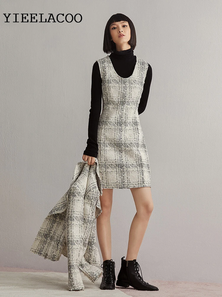 

Women's Set New Beige Autumn/ Ladies plaid Tweed jacket + dress set fashion Professional 2-Piece Set