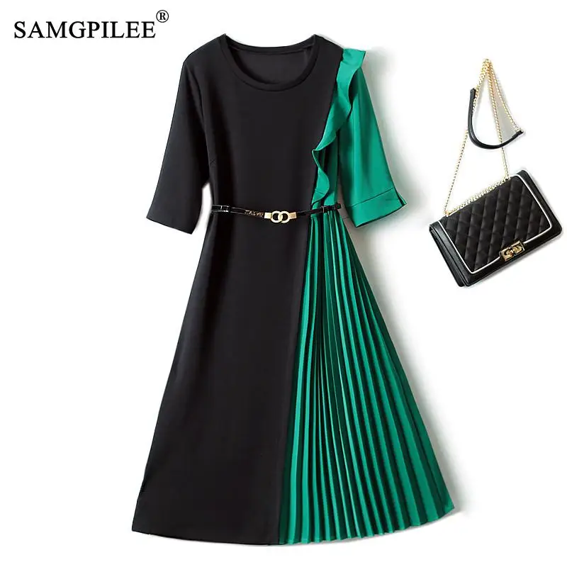 

Elegant Dresses For Women Side Pinch Design Space Cotton Paneled Chiffon Crew Neck Short Sleeve Mid Length Fitted Dress Woman