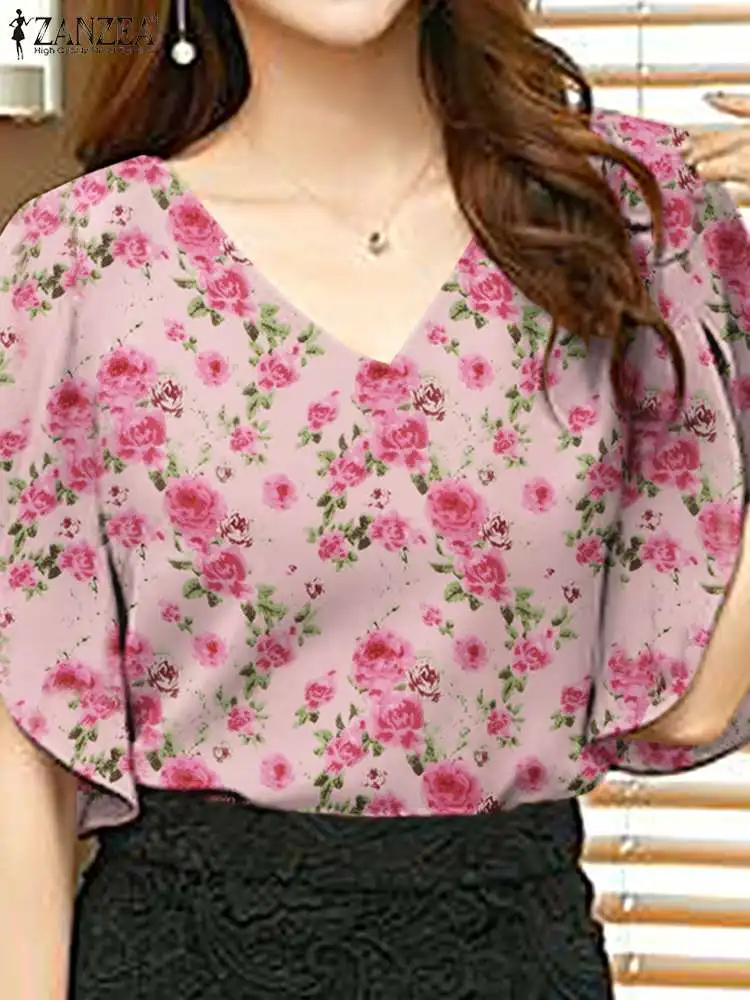 

ZANZEA Woman Elegant Ruffles Shirt Fashion Floral Printed Tops Casual Holiday Blusas Summer Half Sleeve V-Neck Blouse Oversized