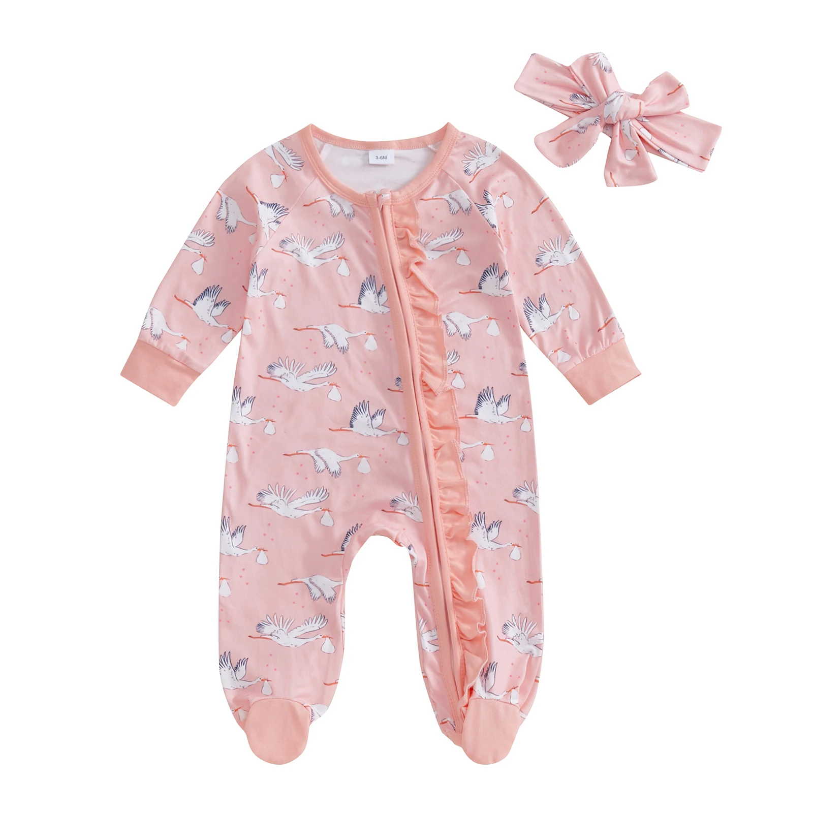 Autumn Newborn Girl Fall Outfit Animal Print Ruffle Long Sleeve Zipper Footed Jumpsuit Bow Headband Clothes Set
