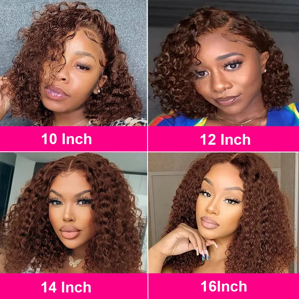 200% Brown kinky Curly Short Bob Wig 13x4 Bob Wigs Brazilian Water Deep Wave Human Hair Short Wig Preplucked For Woman #4 Color 6