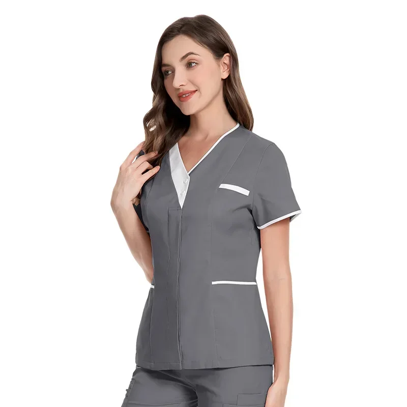 Surgical clothing beauty salon work clothes doctor short-sleeved tops V-neck female nursing technician uniforms medical scrubs