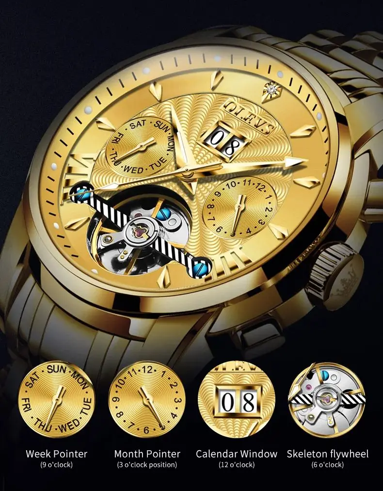 OLEVS 9965 Man Watch Original Fashion Automatic Wristwatch Hollow Skeleton Calendar Mechanical Watch For Men Waterproof Luminous
