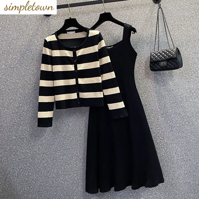 Women's Set Spring and Autumn Korean Striped Knitted Cardigan Casual Dress Age Reducing Elegant Women's Two Piece Set