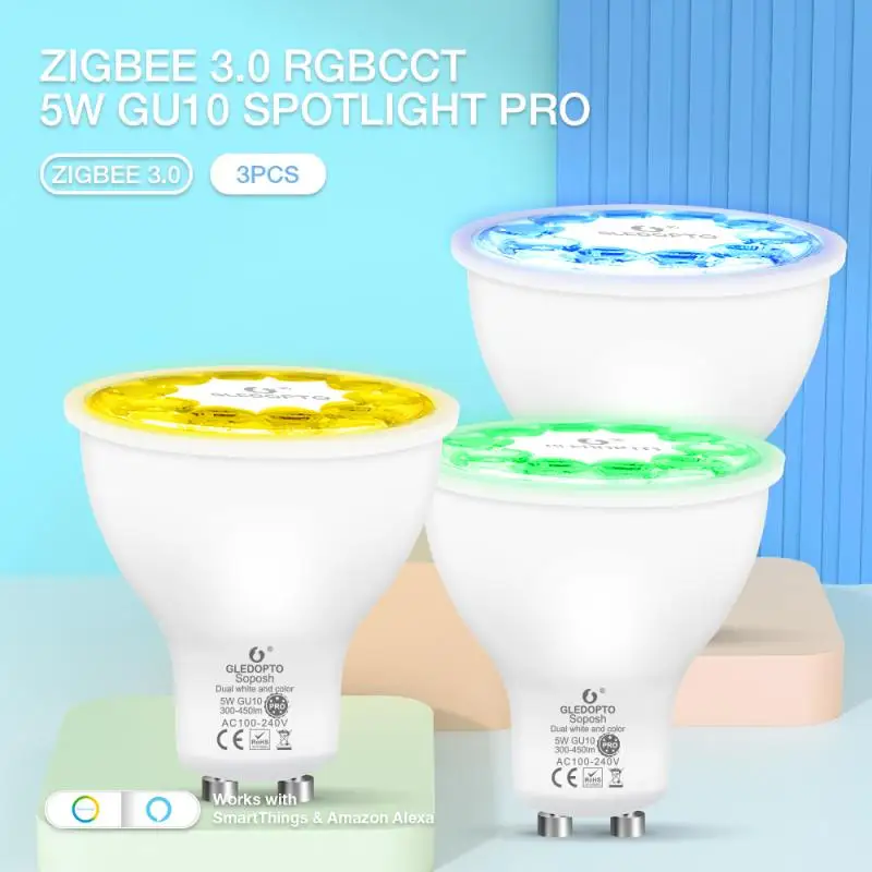 

Умная приглушаемая Светодиодная лампа ZigBee 3,0 GU10, 5 Вт, RGB CCT, волшебная лампа с поддержкой Alexa Google App/Voice/RF через Zigbee Gateway