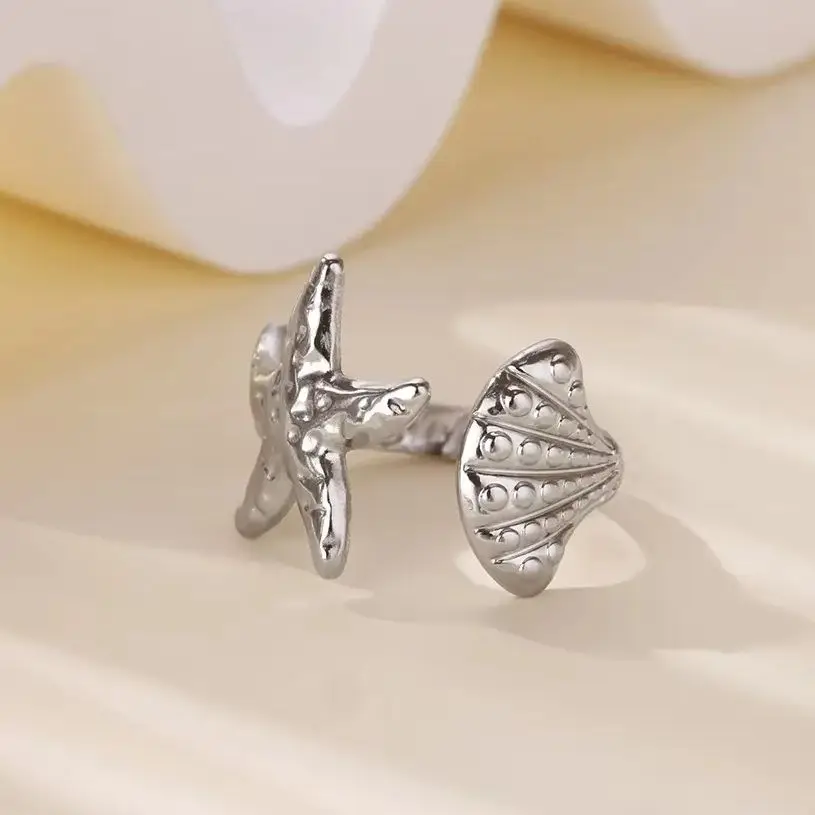 Starfish Shell Ring Stainless Steel Adjustable Gold Color Beach Summer