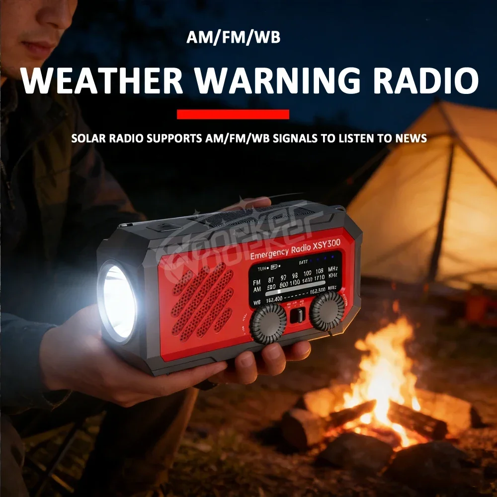 WOOPKER 휴대용 라디오 태양열 핸드 크랭크 비상 라디오 AM/FM/WB 날씨 라디오 LED 손전등 SOS 알람 USB 보조 배터리