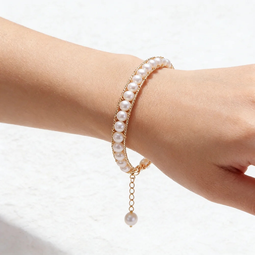VOBIPY 5,5–6 mm natürliches Süßwasserperlen-Armband für Damen, doppellagiges, verstellbares Armband, elegantes tägliches Schmuckgeschenk, 17 cm + 4 cm – Detail 5