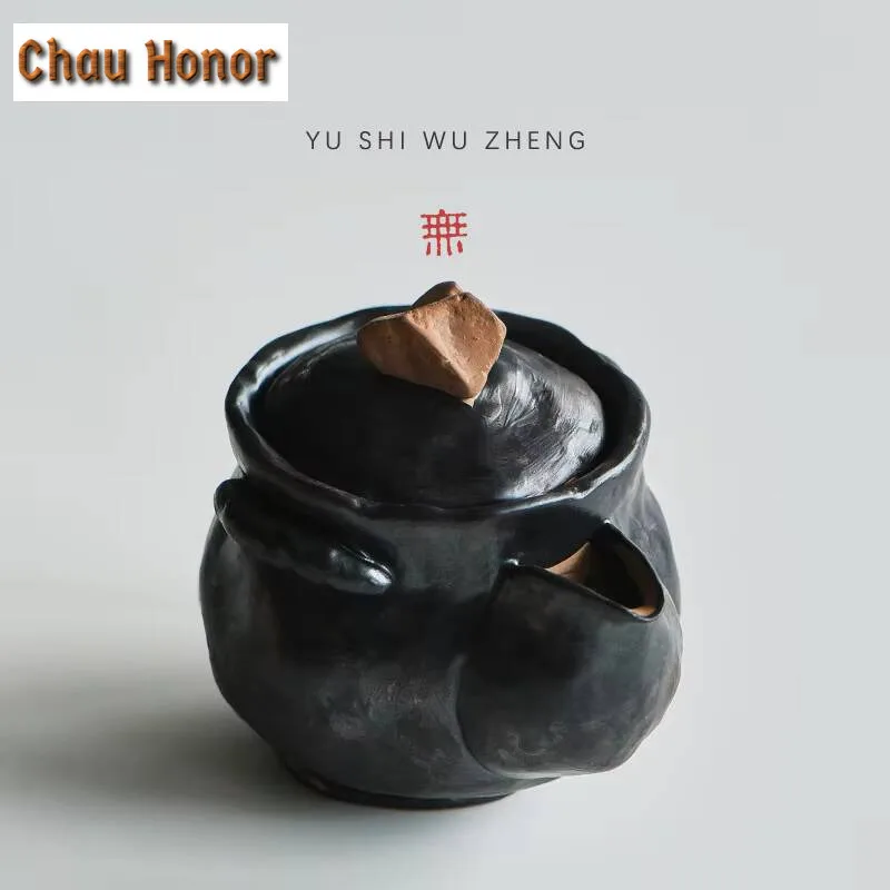 200ml Creative Coarse Pottery Teapot Handmade Pitch-black Small Pot Japanese Tea Soaking Kettle Kung Fu Tea Ceremony Ornaments