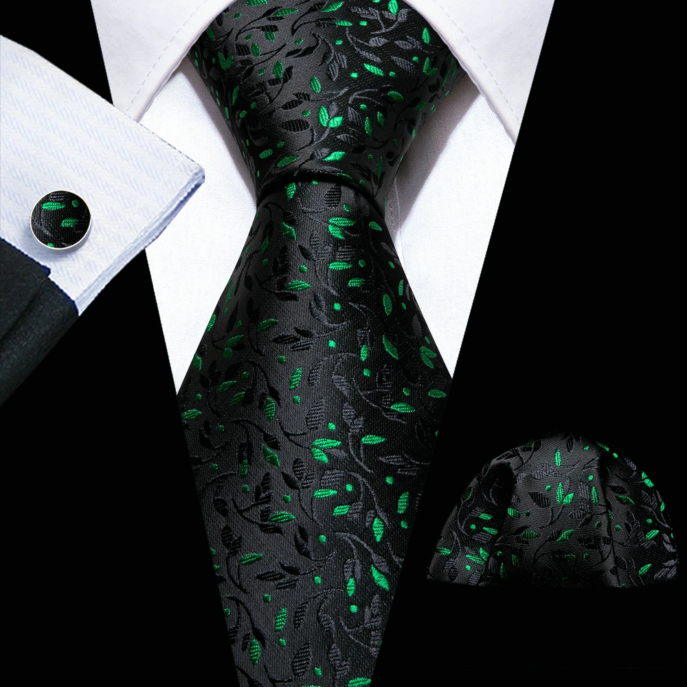 Luxuriöses Herren-Krawattenset Schwarz-Grün mit Blättern und Blumenmuster, Einstecktuch und Manschettenknöpfe für Hochzeit, Business und Party – Detail 5