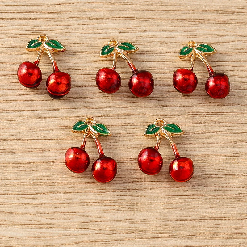 5 Stück 14 x 14 mm niedliche Emaille-Frucht-Kirsch-Charms-Anhänger für Schmuckherstellung, Tropfen-Ohrringe, Halsketten, Armbänder, DIY-Bastelzubehör