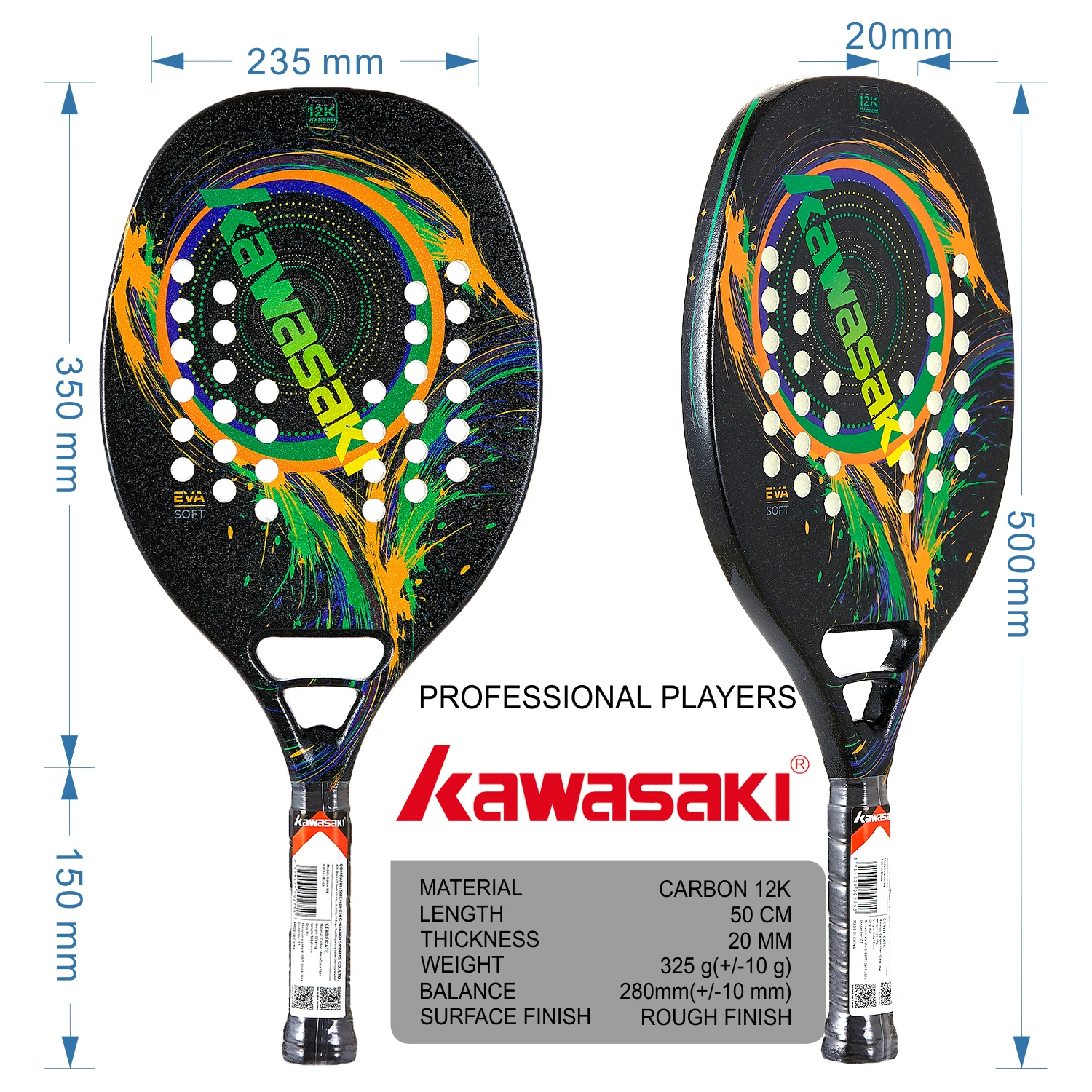 Kawasaki 12K Beach Tennis Racket Carbon Fiber Soft Face Tennis Paddle Racquet with Protective Bag Cover H6