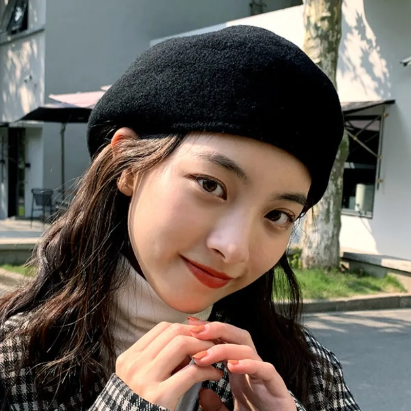 Autumn Winter Wool Beret Hats For Women Men Front Back Two Ways To Wear Short Brim Flat Roof Warm Unisex beret hat woolen beret wool caps