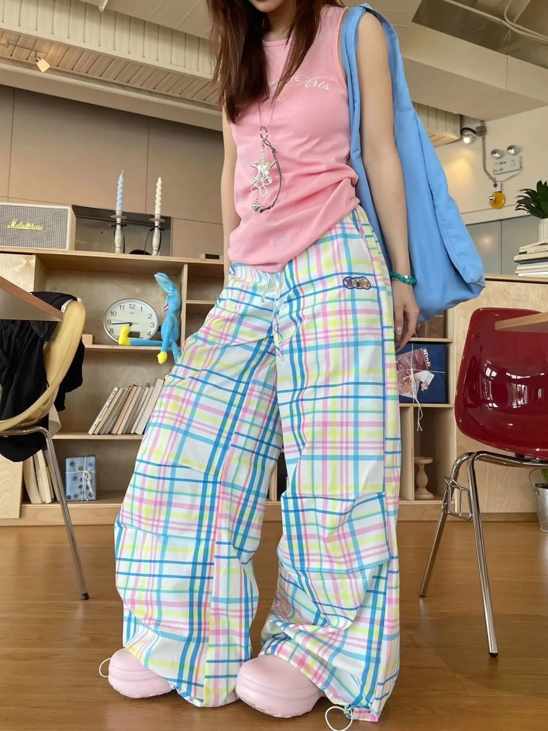 Y2K Pastel Plaid Wide Leg Cargo Pants | Drawstring Waist Baggy Trousers with Hem Toggle 90s Retro Streetwear Sweet Preppy Style