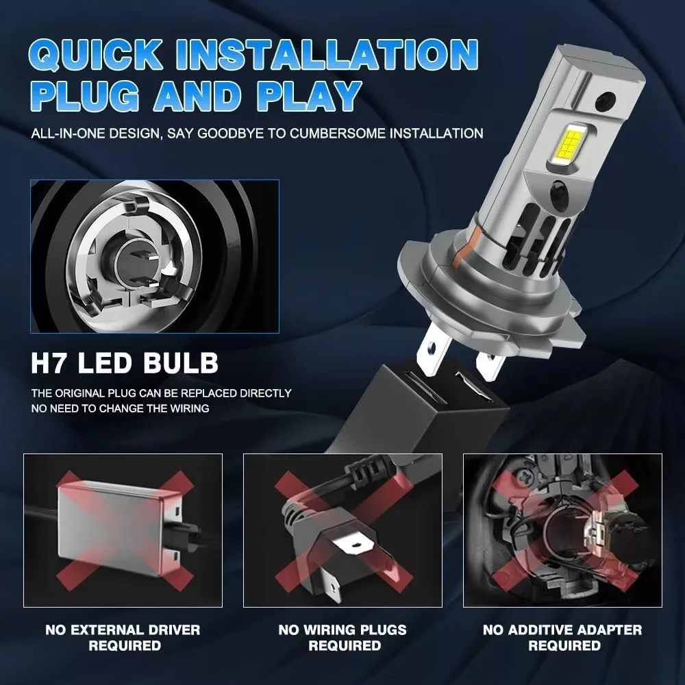 2개입 H7 LED CANBUS 전구 1:1 순정 제논 전구 무선 H7 자동차 LED 라이트 플러그 앤 플레이 팬 포함 6000K 백색 램프 안개등