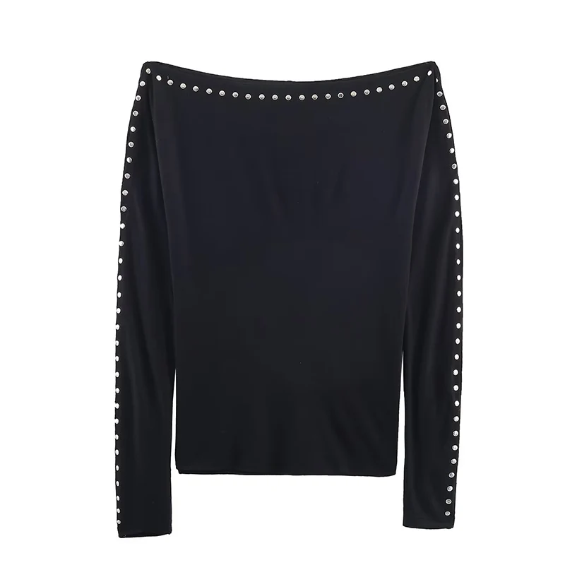 Women's Simple Style T-Shirts Spring Autumn Fashion Rivet Bat Sleeve Short T Shirts for Women Streetwear Long Sleeve Casual Tops