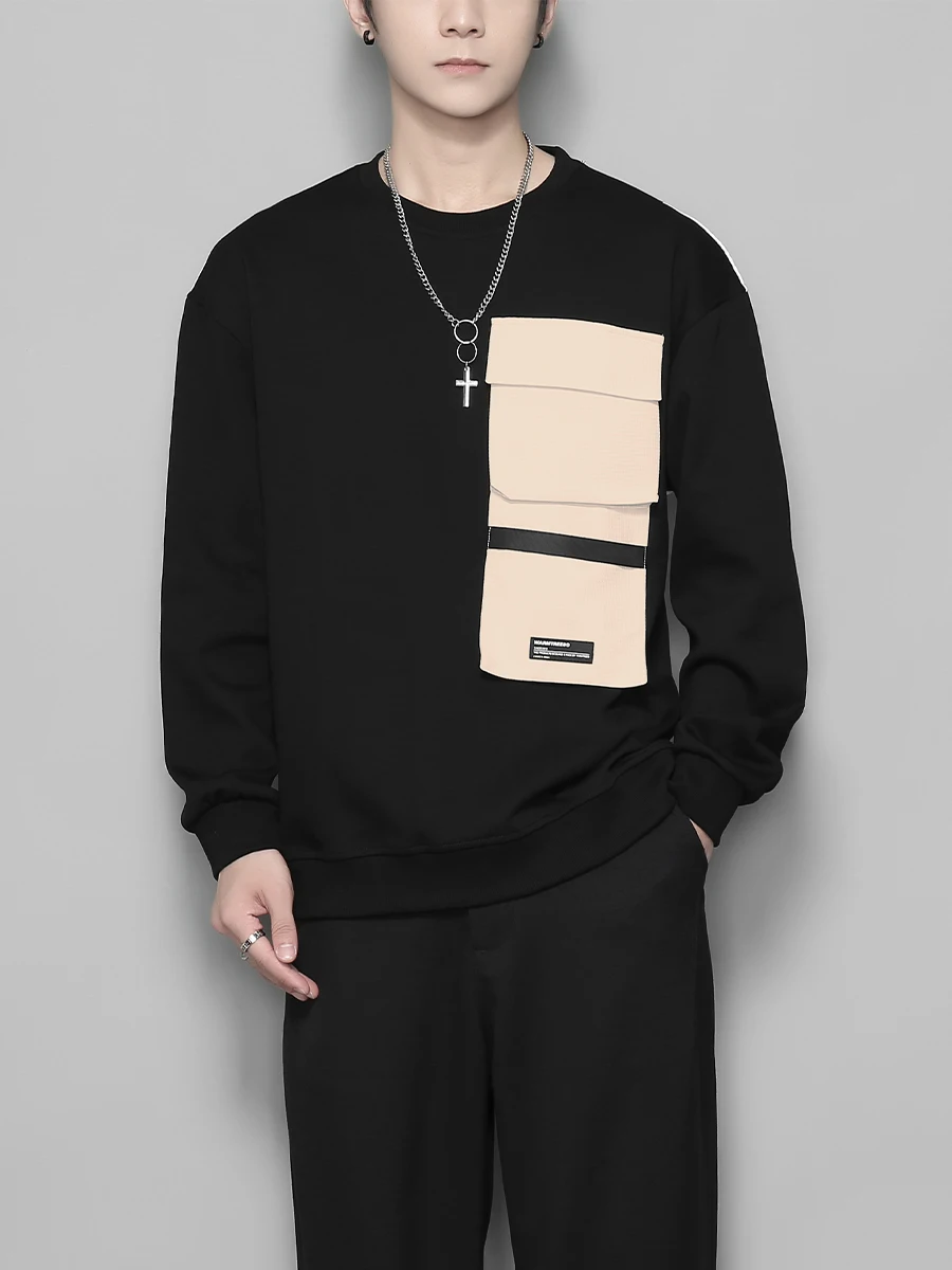 

New Autumn American Retro Personality Pocket Splicing Casual Crewneck Long Sleeve Hoodie Male Trend