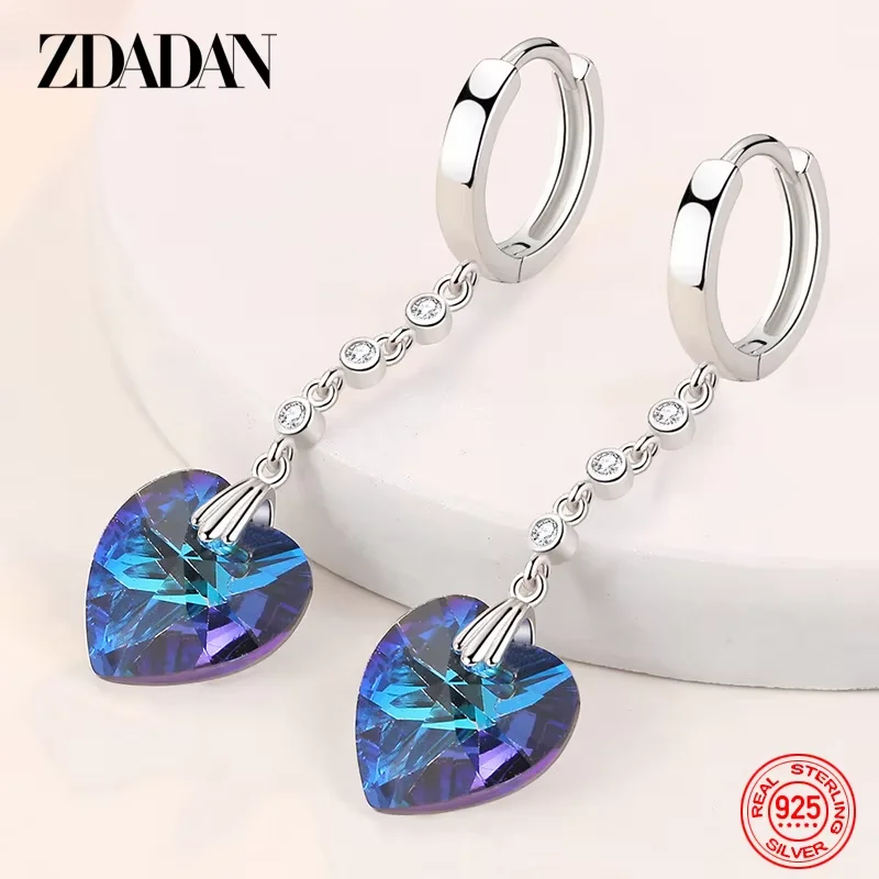 ZDADAN 925 Sterling Silber Herz-Ohrringe mit blauem Kristall für Frauen, Hochzeitsschmuck, Charm-Geschenk – Detail 1
