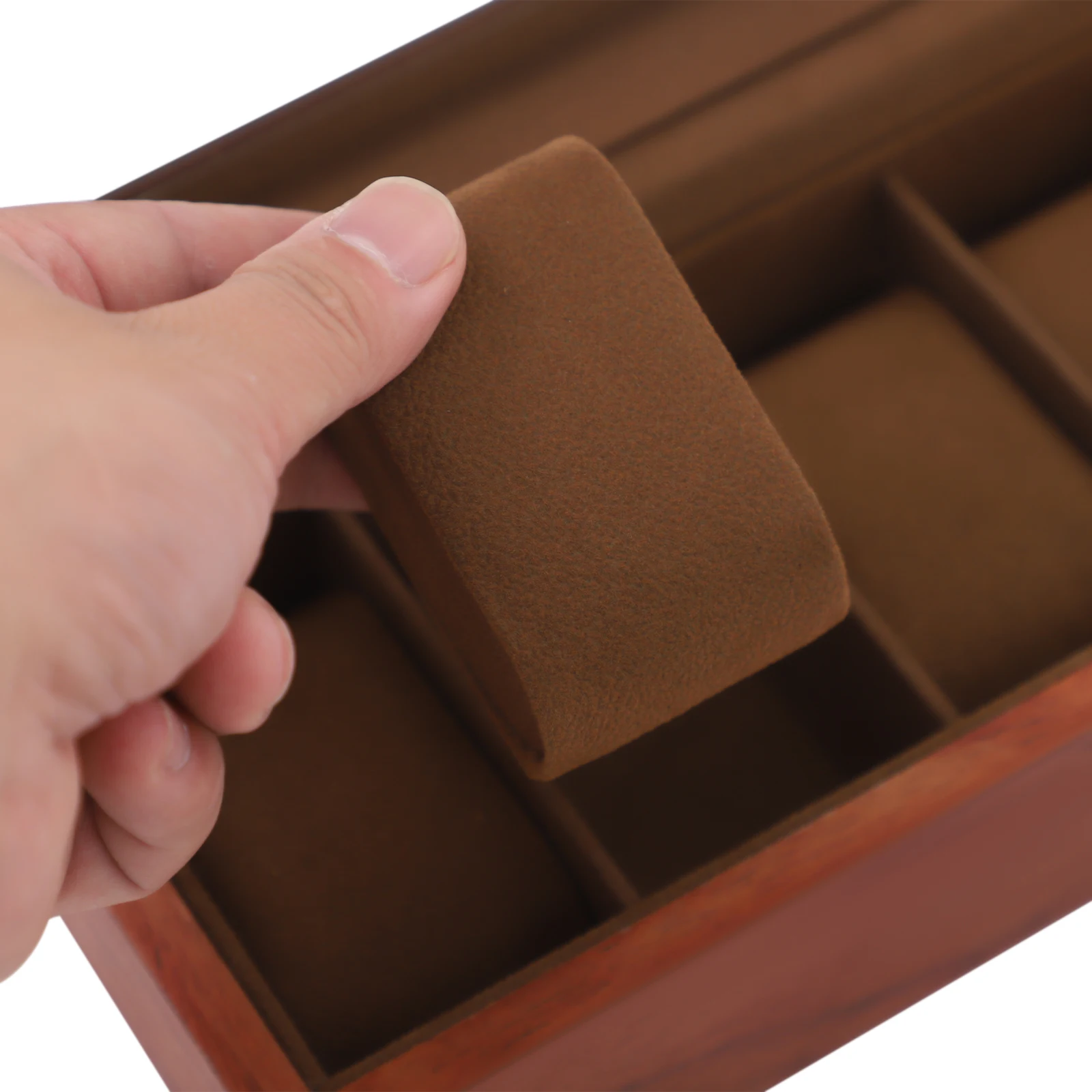 Vintage-Uhrenbox aus Holz für 6 Uhren, Schmuck-Organizer mit Glasplatte und Samtfutter, Geschenk für Uhrensammler – Detail 11