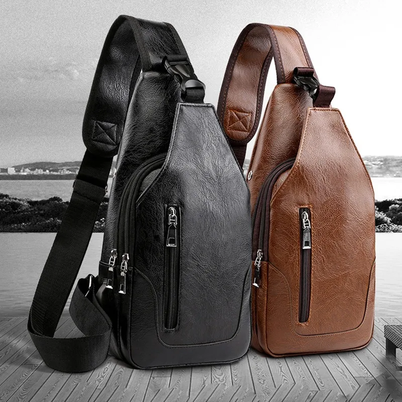 

Men's USB Chest Bag Designer Messenger Crossbody Package PU Leather Shoulder Bags Diagonal Package Travel Chest Bag Bolso Hombre