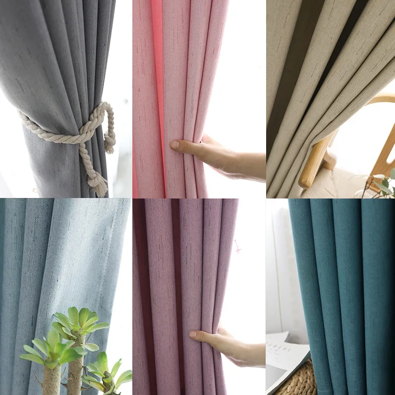 

Solid Color Nordic Stitching Curtain Living Room Bedroom Meteor Hemp Blackout Window Screen Curtain Finished Product Wholesale