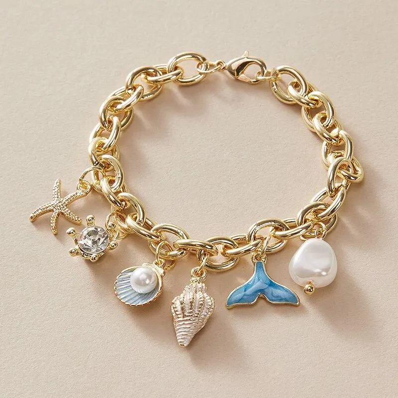 Pulseira feminina com pingente de estrela-do-mar, concha e pérola de imitação, corrente dourada, estilo bracelete, joia para o verão na praia._voghion.com