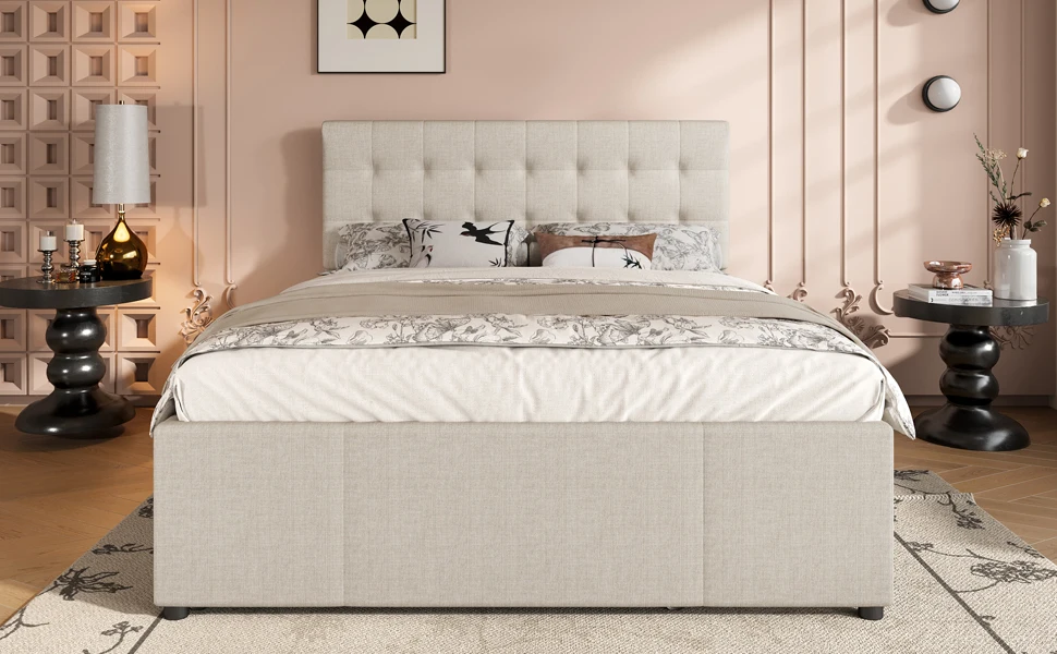 Polsterbett, 140x200cm, Doppelbett, Familienbett, Kingsize-Bett mit drei Schubladen, ausziehbares Bett, verstellbares Kopfteil – Detail 16