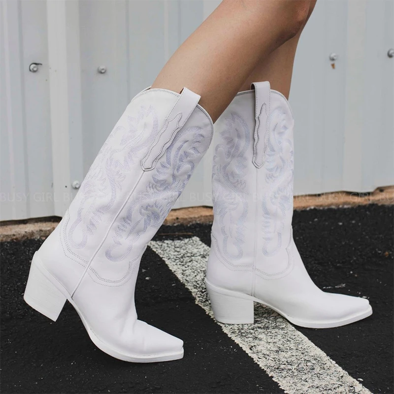 

White Black Red Silver Embroidered Western Cowboy Boots Pointed Toe Low Heel Straight Knee Boots