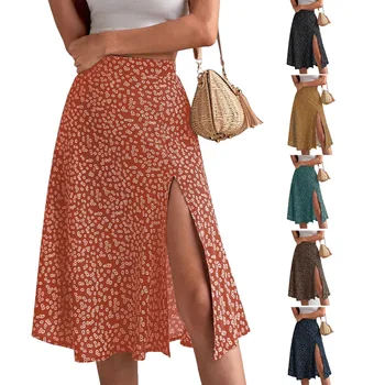 Spring and summer new women's versatile floral zipper split A-line skirt 1
