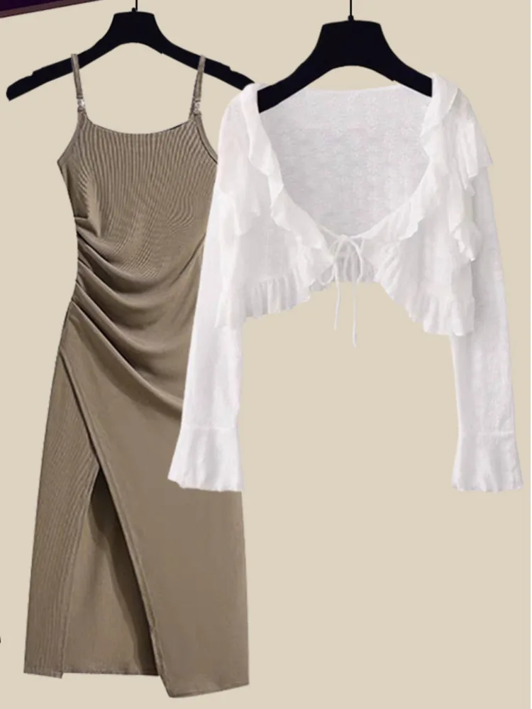 

Summer Two Pieces Set For Women Outfits Korean Ruffles Patchwork Long Sleeve Sunscreen+side Split Drapped Straps Midi Dress Sets