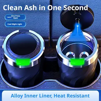 Portable Car Ashtray with LED Light Metal Liner Auto Ash Tray Large Capacity One-Click Open Interior Accessories 1