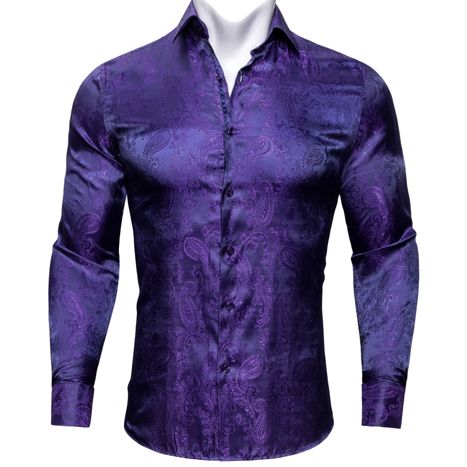 

Barry.Wang 4XL Luxury Purple Paisley Silk Shirts Men Long Sleeve Casual Flower Shirts For Men Designer Fit Dress Shirt BY-0087