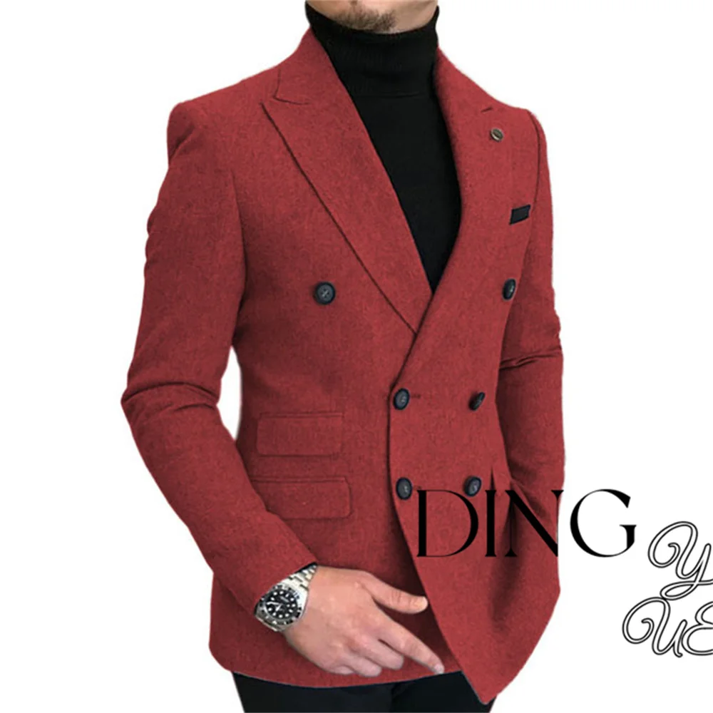 Double Breasted Lapel Suit Men's Slim Fit Overcoat Jackets Man Wool Blazer Herringbone Dress Slim Fit Men's Suit Casual