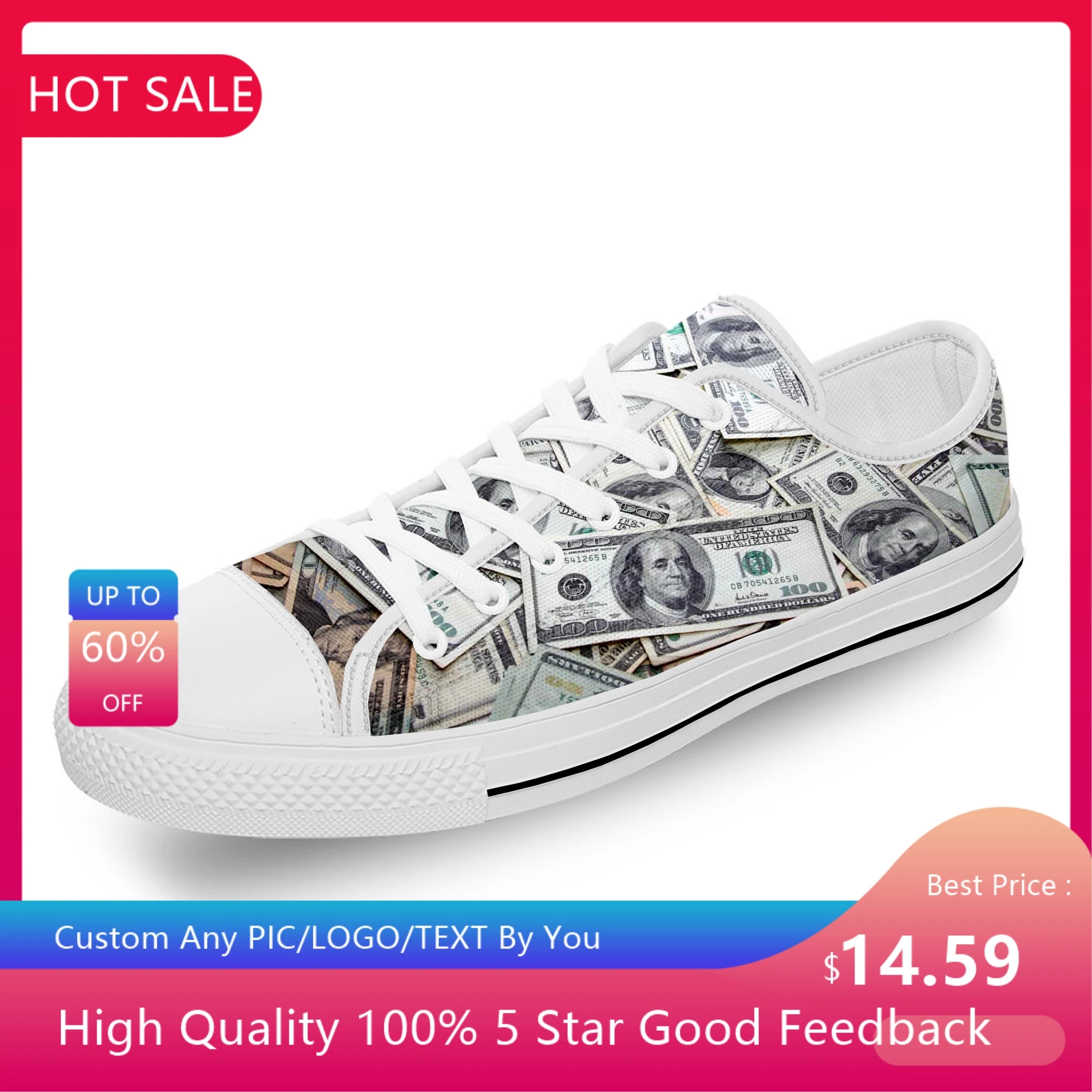

Gothic Dollar Dollars Money Anime White Cloth Fashion 3D Print Low Top Canvas Shoes Men Women Lightweight Breathable Sneakers
