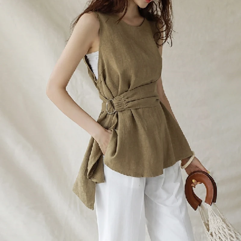 

Sleeveless Elegant Cotton Linen Blouse with Belt Women Casual Summer O Neck Tops Fashion Solid Loose Shirts Clothes Blusas 27938